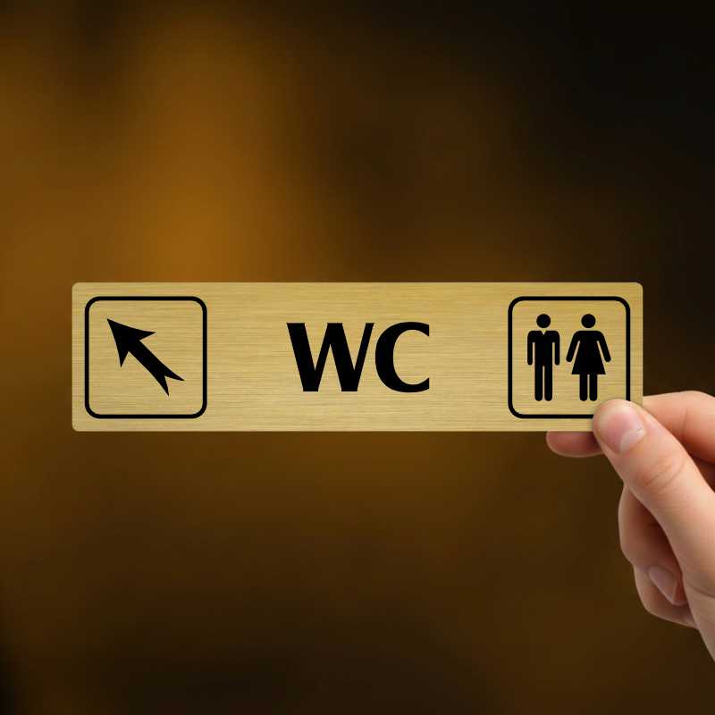 WC vlevo nahoru, stříbrná cedulka, 180x45mm