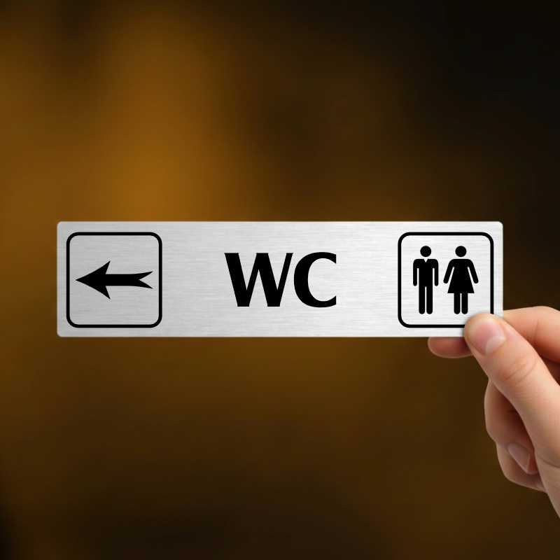 WC vlevo, stříbrná cedulka, 180x45mm