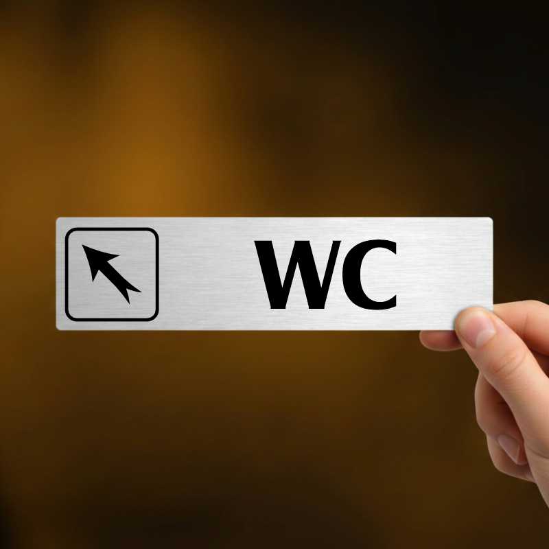 WC vlevo nahoru, stříbrná cedulka, 180x45mm