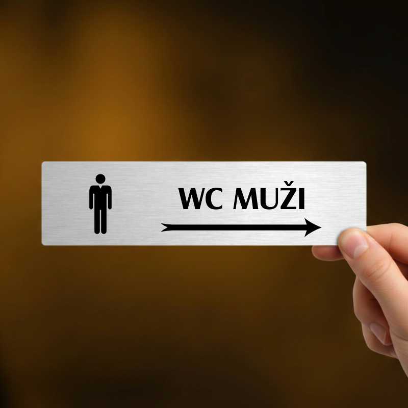 WC muži vpravo, stříbrná cedulka, 180x45mm