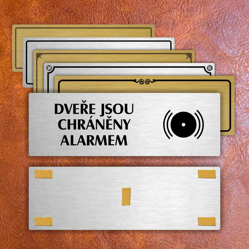 Dveře pod alarmem, 240x79mm, stříbrná popiska s ozdobou uprostřed