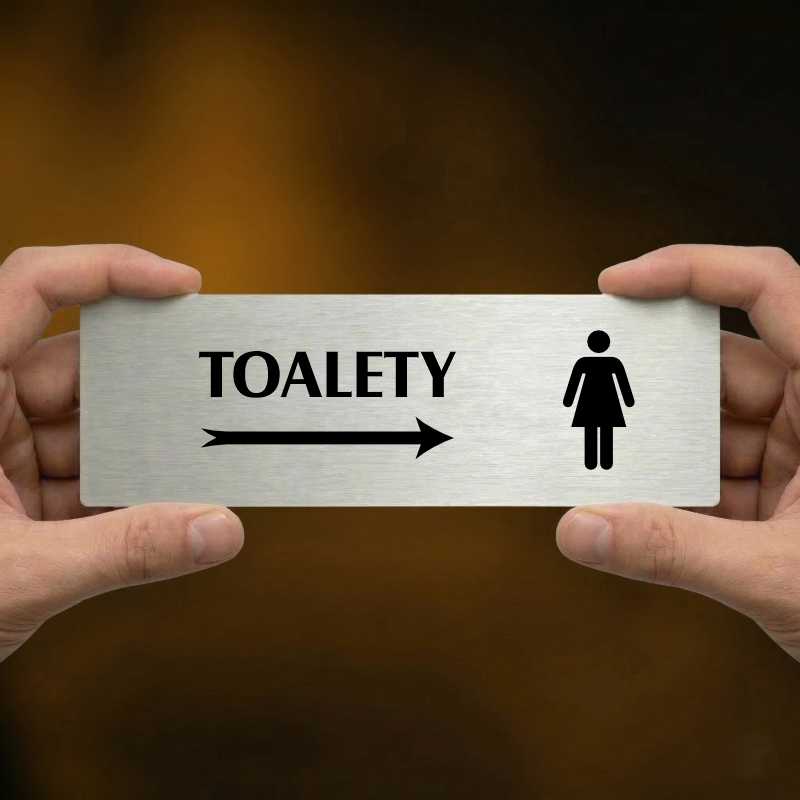 Toalety vpravo ženy, 240x79mm, zlatá popiska s okrasným rámečkem  
