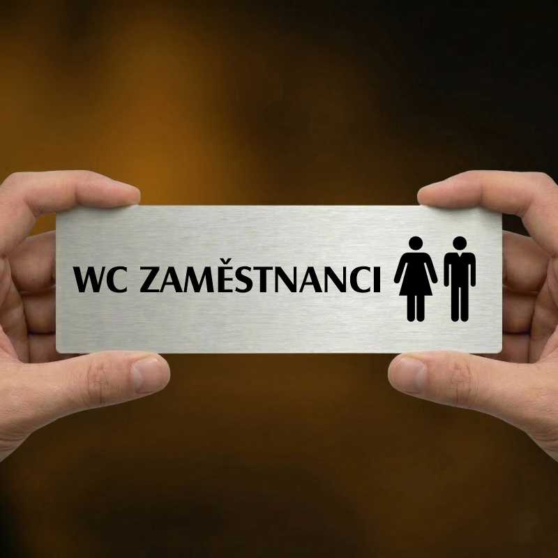 WC zaměstnanci společné, 200x66mm, stříbrná popiska s imitacemi šroubků