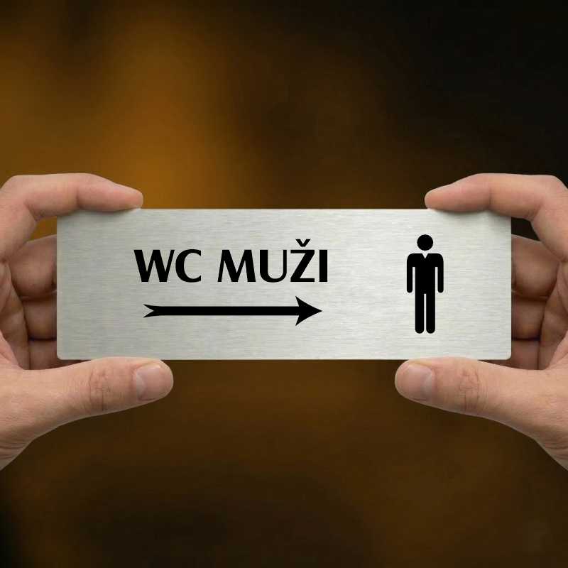 WC muži vpravo, 200x66mm, stříbrná popiska s okrasným rámečkem  