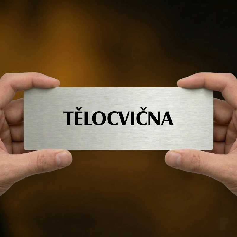 Tělocvična, 240x79mm, stříbrná popiska s imitacemi šroubků
