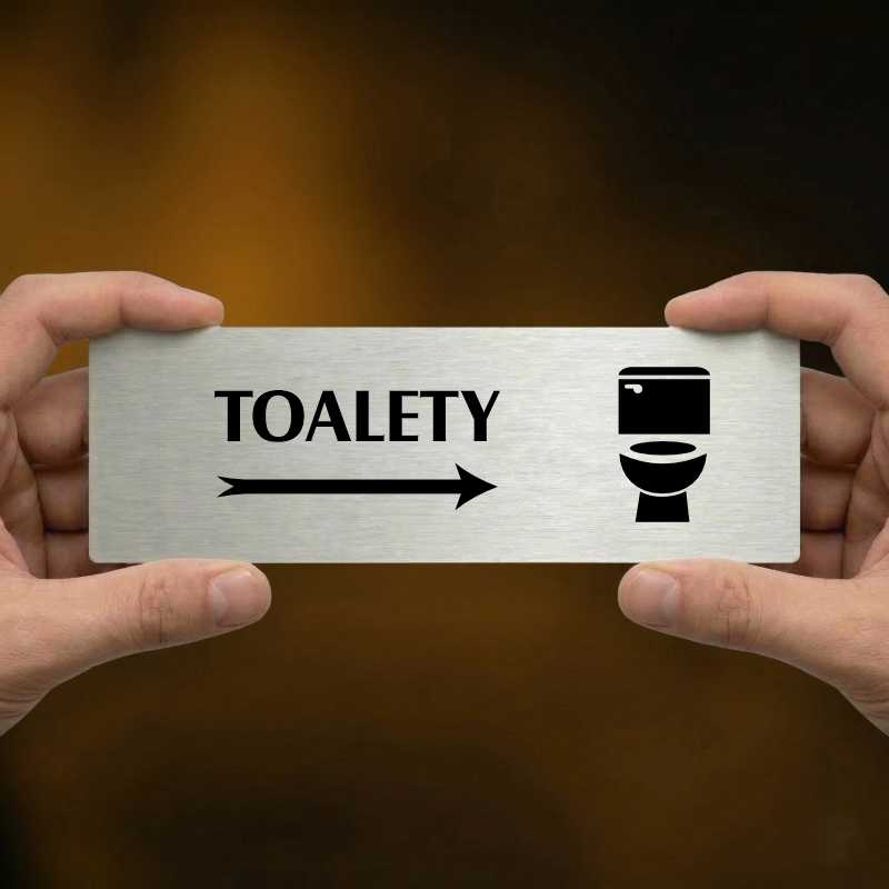 Toalety vpravo, 240x79mm, stříbrná popiska 