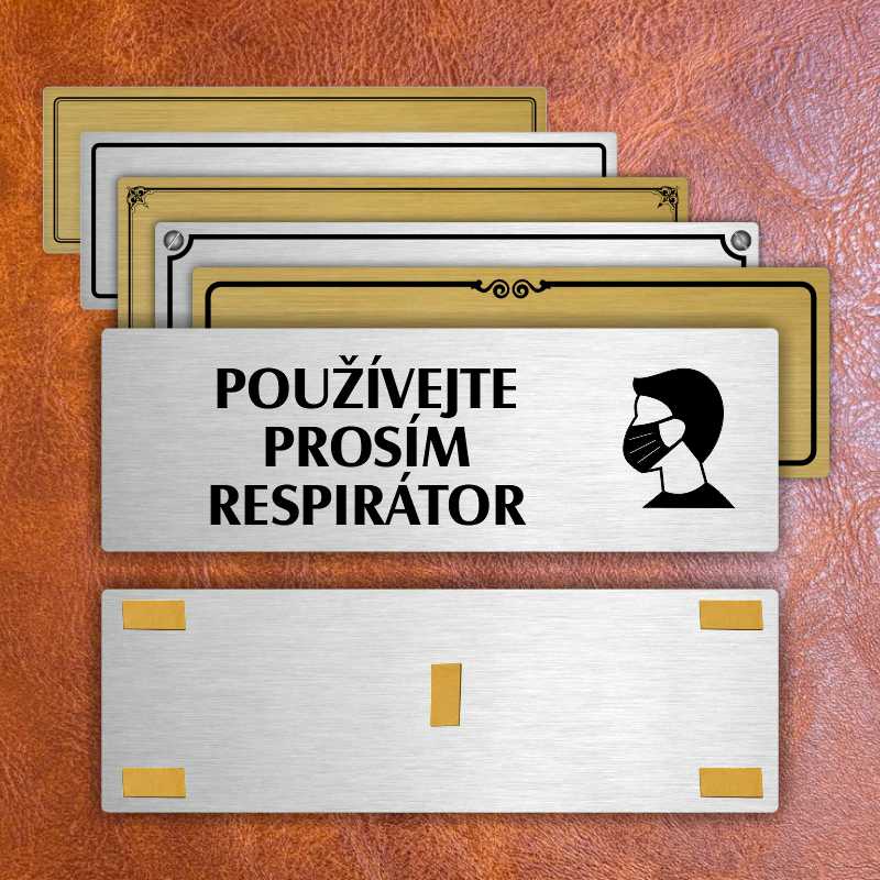 Použijte prosím respirátor, 200x66mm, zlatá popiska s imitacemi šroubků