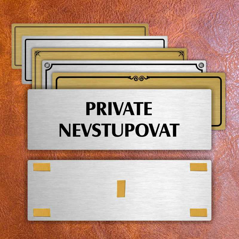 Private, 240x79mm, stříbrná popiska s imitacemi šroubků