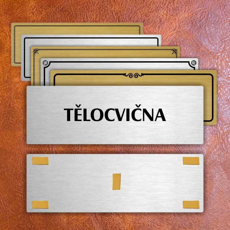 Tělocvična, 240x79mm, stříbrná popiska s imitacemi šroubků