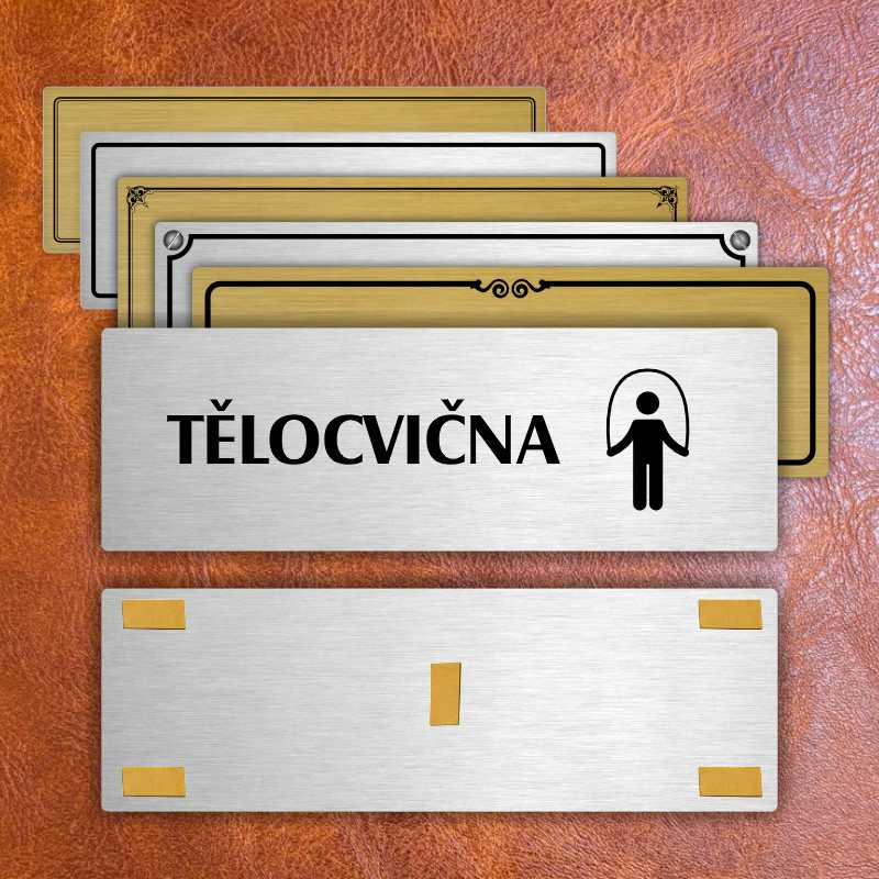 Tělocvična, 240x79mm, zlatá popiska s imitacemi šroubků