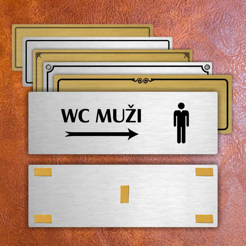 WC muži vpravo, 200x66mm, stříbrná popiska s okrasným rámečkem  