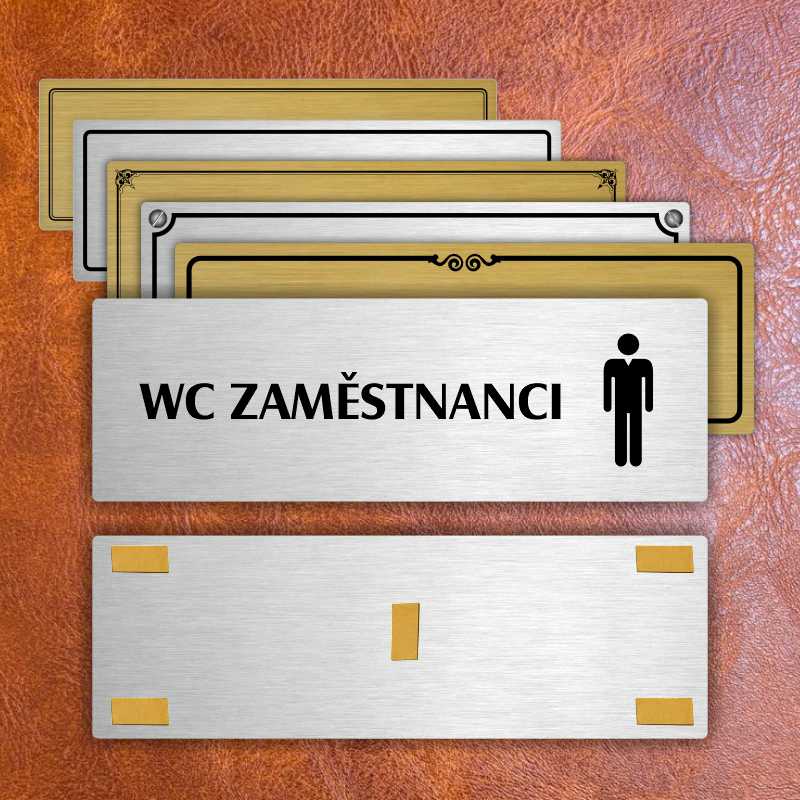 WC zaměstnanci muži, 240x79mm, stříbrná popiska s okrasným rámečkem  