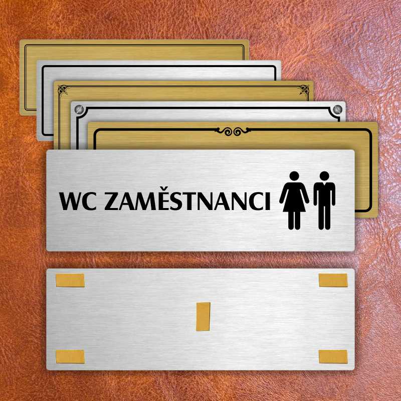 WC zaměstnanci společné, 200x66mm, stříbrná popiska s imitacemi šroubků