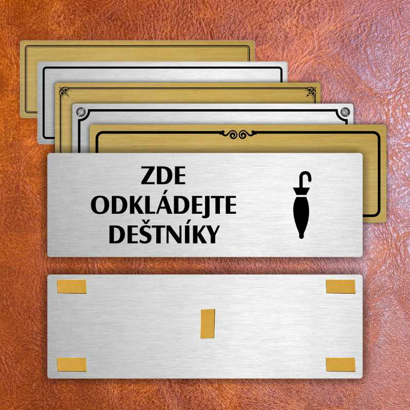 Zde odkládejte deštníky, 200x66mm, zlatá popiska s ozdobou uprostřed