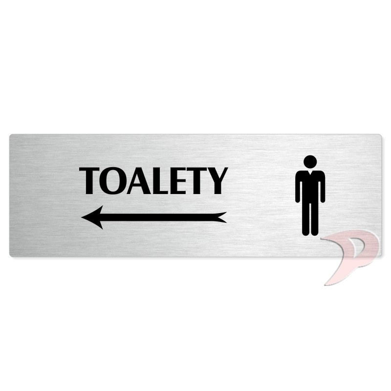 Toalety vlevo muži, 240x79mm, stříbrná popiska 