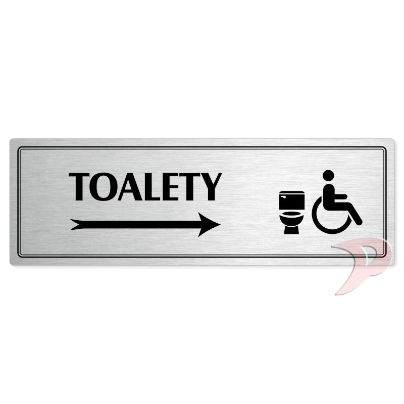 Toalety vpravo invalida, 240x79mm, stříbrná popiska s dvojtým rámečkem