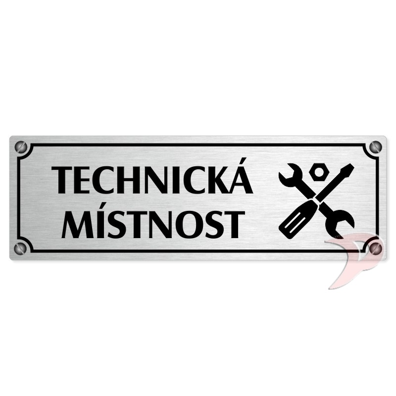 Technická místnost, 240x79mm, stříbrná popiska s imitacemi šroubků