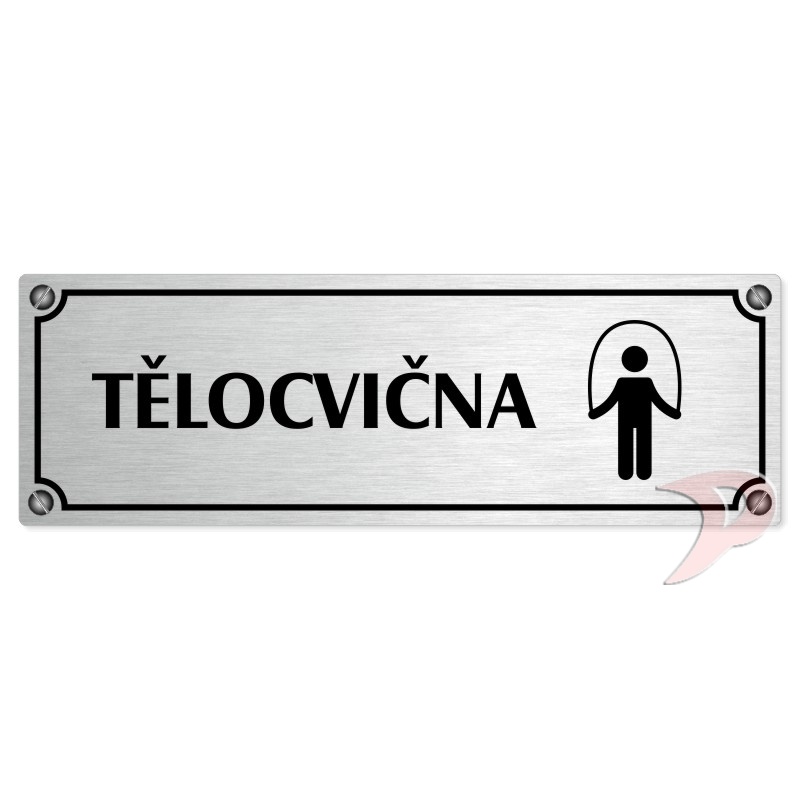 Tělocvična, 200x66mm, stříbrná popiska s imitacemi šroubků
