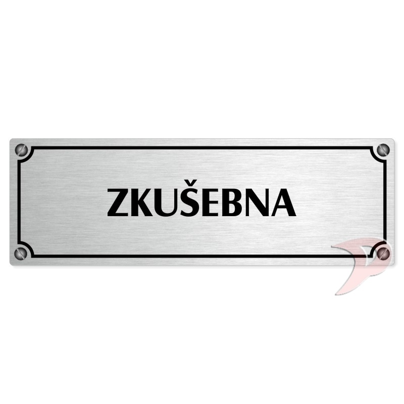 Zkušebna, 200x66mm, stříbrná popiska s imitacemi šroubků