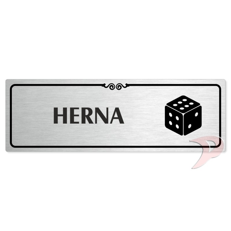 Herna, 200x66mm, stříbrná popiska s ozdobou uprostřed