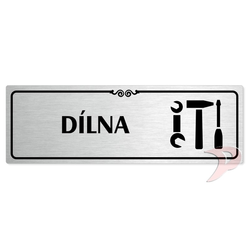 Dílna, 200x66mm, stříbrná popiska s ozdobou uprostřed