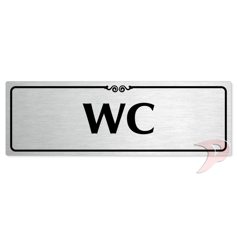 WC, 200x66mm, stříbrná popiska s ozdobou uprostřed