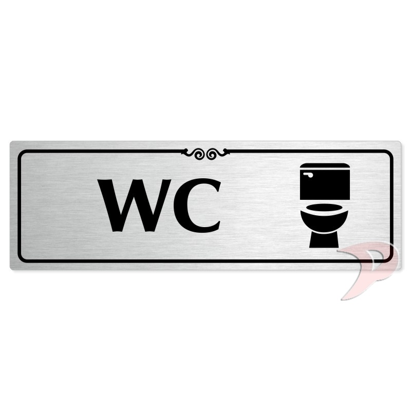 WC, 200x66mm, stříbrná popiska s ozdobou uprostřed