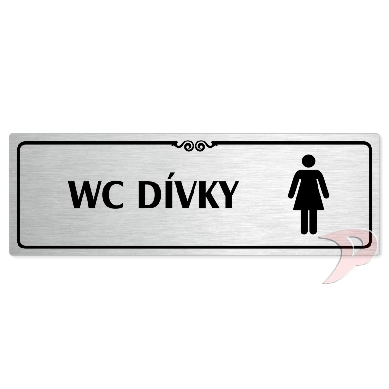 WC dívky, 200x66mm, stříbrná popiska s ozdobou uprostřed