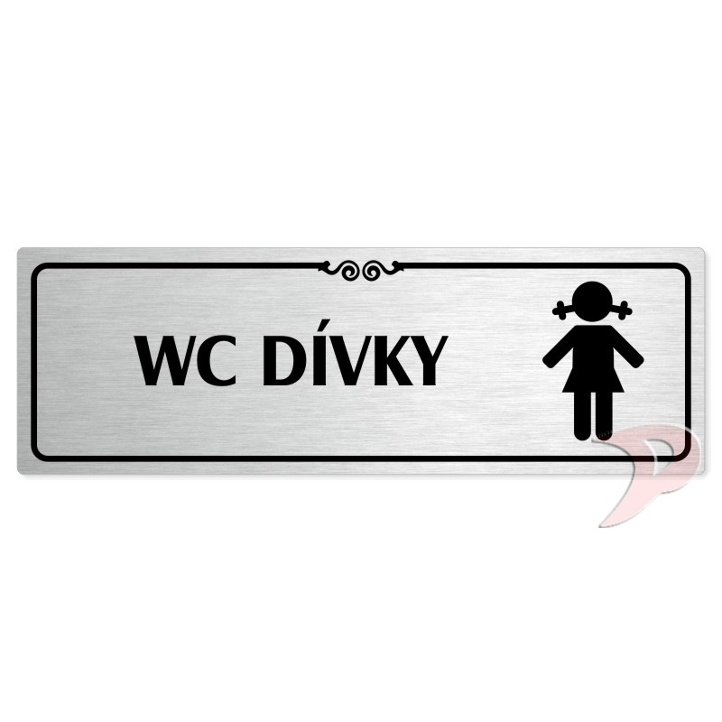 WC dívky, 200x66mm, stříbrná popiska s ozdobou uprostřed