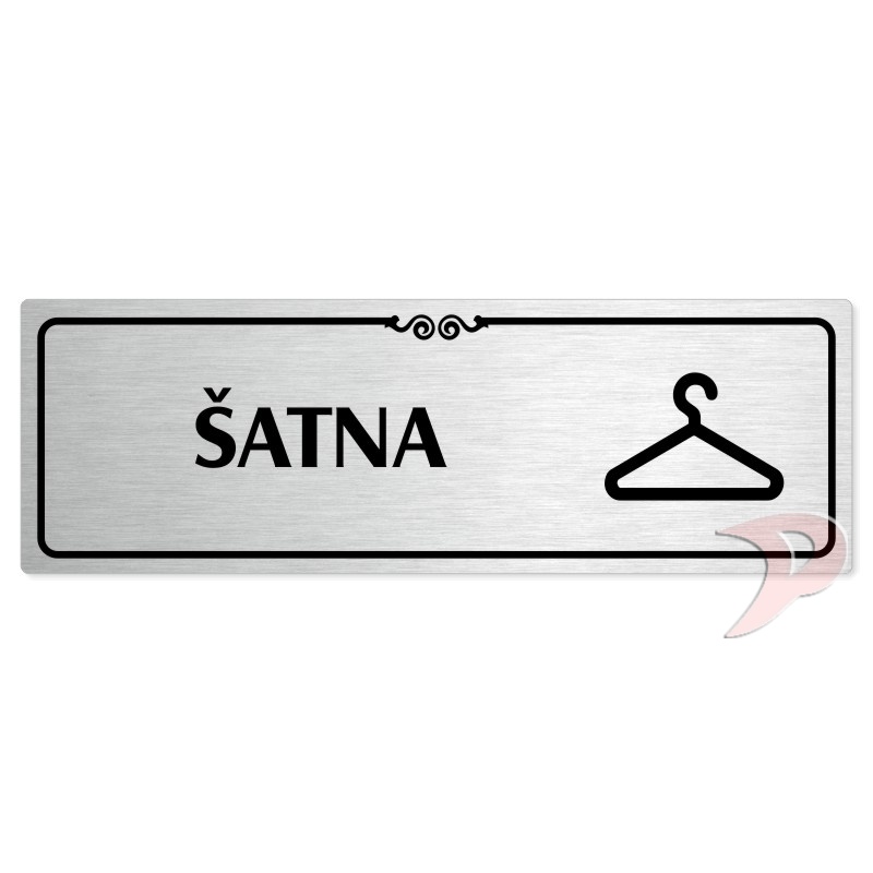 Šatna, 200x66mm, stříbrná popiska s ozdobou uprostřed