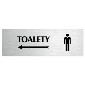 Toalety vlevo muži, stříbrná popiska na dveře