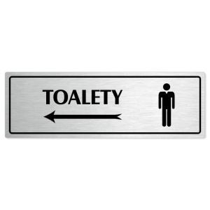 Toalety vlevo muži, 200x66mm, stříbrná popiska s rámečkem