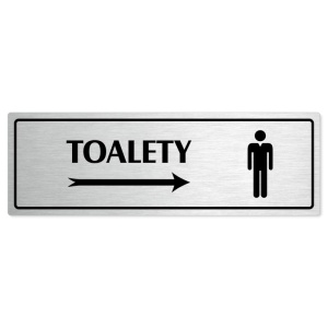 Toalety vpravo muži, 240x79mm, stříbrná popiska s rámečkem