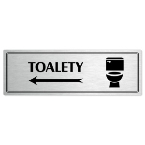 Toalety vlevo, 200x66mm, stříbrná popiska s dvojtým rámečkem