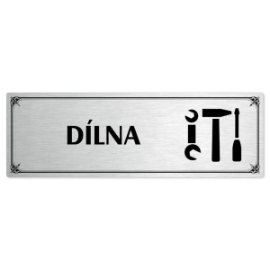 Dílna, 200x66mm, stříbrná popiska s okrasným rámečkem  