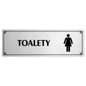 Toalety ženy, 200x66mm, stříbrná popiska s okrasným rámečkem  
