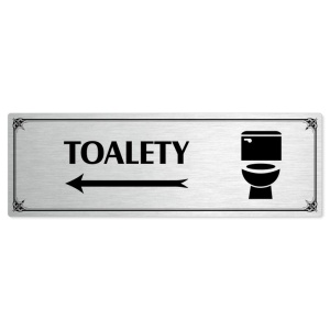 Toalety vlevo, 200x66mm, stříbrná popiska s okrasným rámečkem  