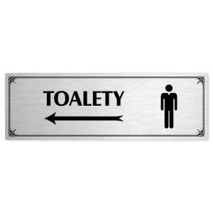 Toalety vlevo muži, 200x66mm, stříbrná popiska s okrasným rámečkem  