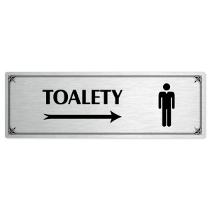 Toalety vpravo muži, 240x79mm, stříbrná popiska s okrasným rámečkem  