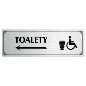 Toalety vlevo invalida, 200x66mm, stříbrná popiska s okrasným rámečkem  