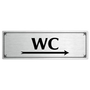 WC vpravo, 200x66mm, stříbrná popiska s okrasným rámečkem  