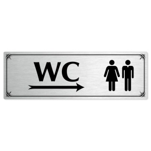 WC společné vpravo, 240x79mm, stříbrná popiska s okrasným rámečkem  