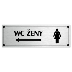 WC ženy vlevo, 240x79mm, stříbrná popiska s okrasným rámečkem  