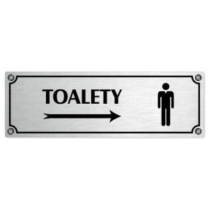 Toalety vpravo muži, 200x66mm, stříbrná popiska s imitacemi šroubků