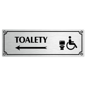 Toalety vlevo invalida, 240x79mm, stříbrná popiska s imitacemi šroubků