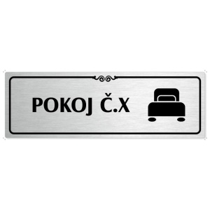 Pokoj č., 200x66mm, stříbrná popiska s ozdobou uprostřed