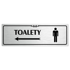 Toalety vlevo muži, 200x66mm, stříbrná popiska s ozdobou uprostřed
