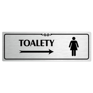 Toalety vpravo ženy, 200x66mm, stříbrná popiska s ozdobou uprostřed