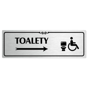 Toalety vpravo invalida, 240x79mm, stříbrná popiska s ozdobou uprostřed
