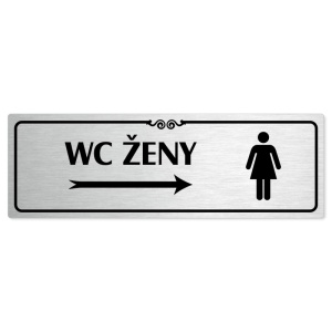 WC ženy vpravo, 240x79mm, stříbrná popiska s ozdobou uprostřed